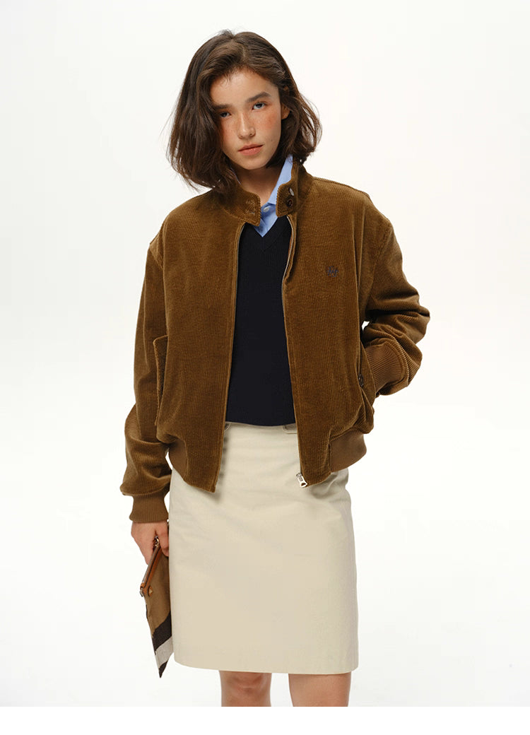 coffee brown corduroy stand-collar jacket front view on model