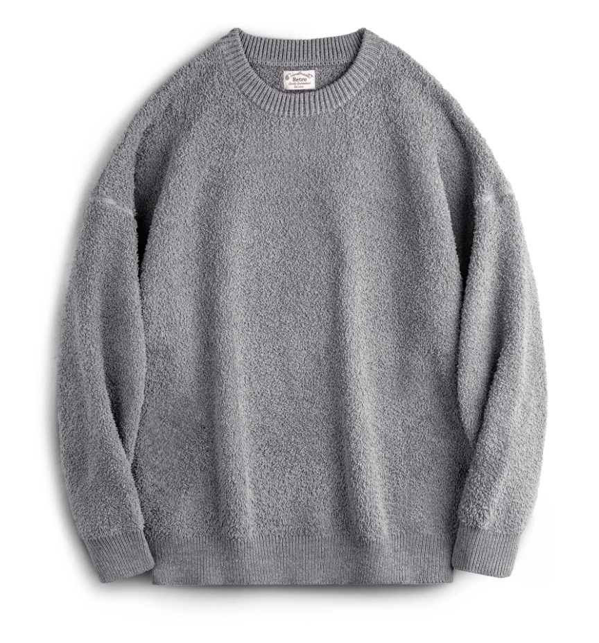 Light grey retro fleece knit sweater flat lay showing soft textured surface