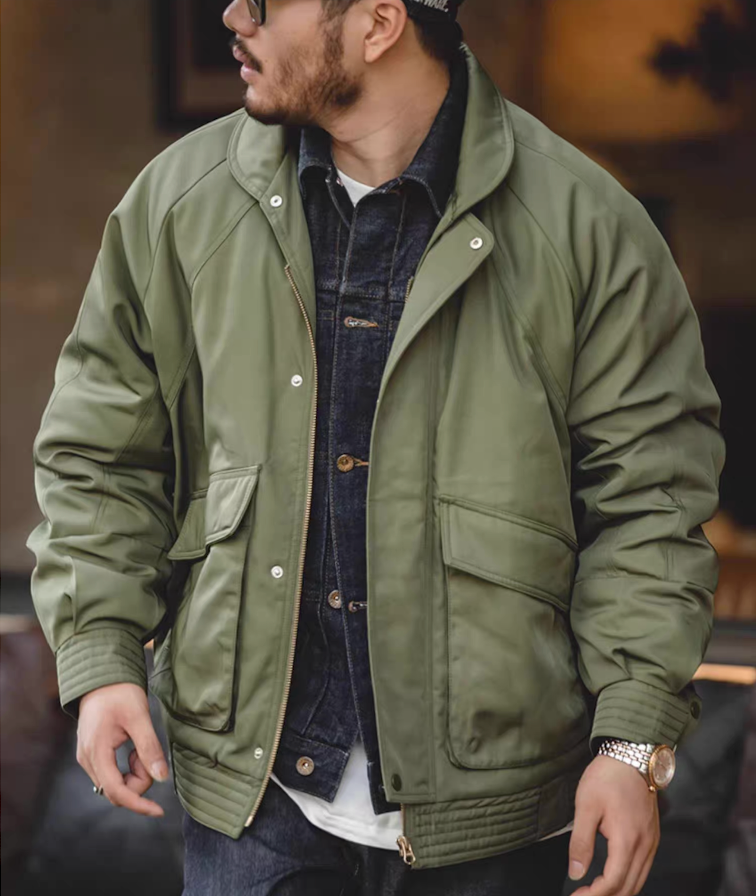Model wearing Army green Flight Jacket 074 over denim jacket