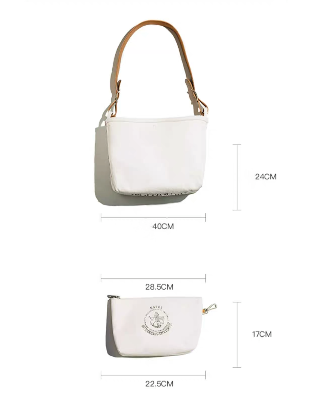 Size chart of Ameikaji canvas tote and detachable pouch with dimensions