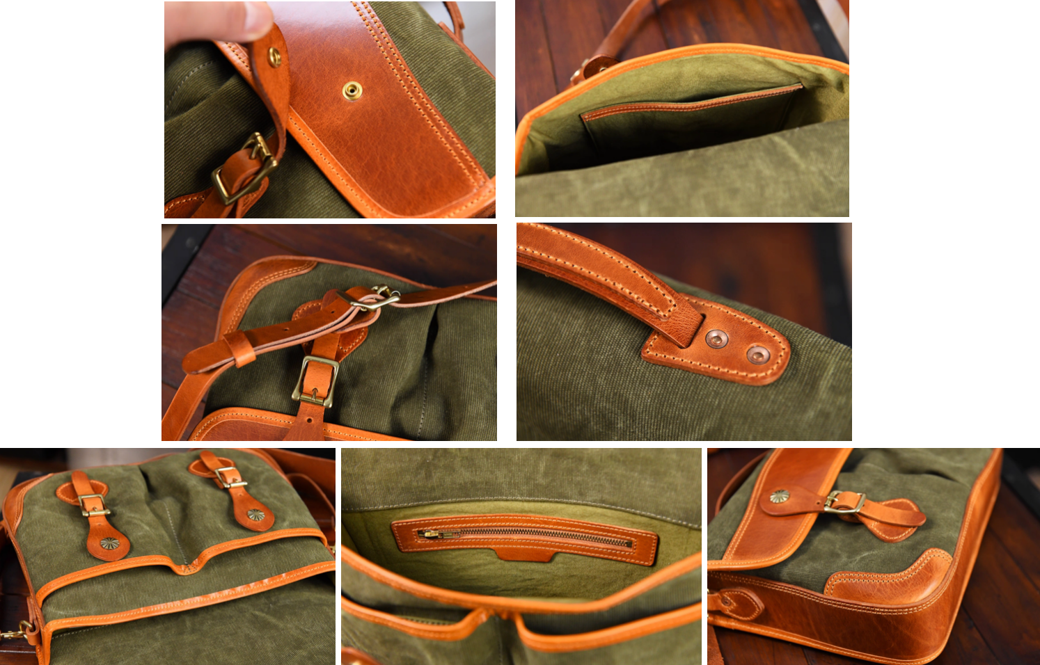 Collage of close-up interior, stitching, and brass buckle craftsmanship
