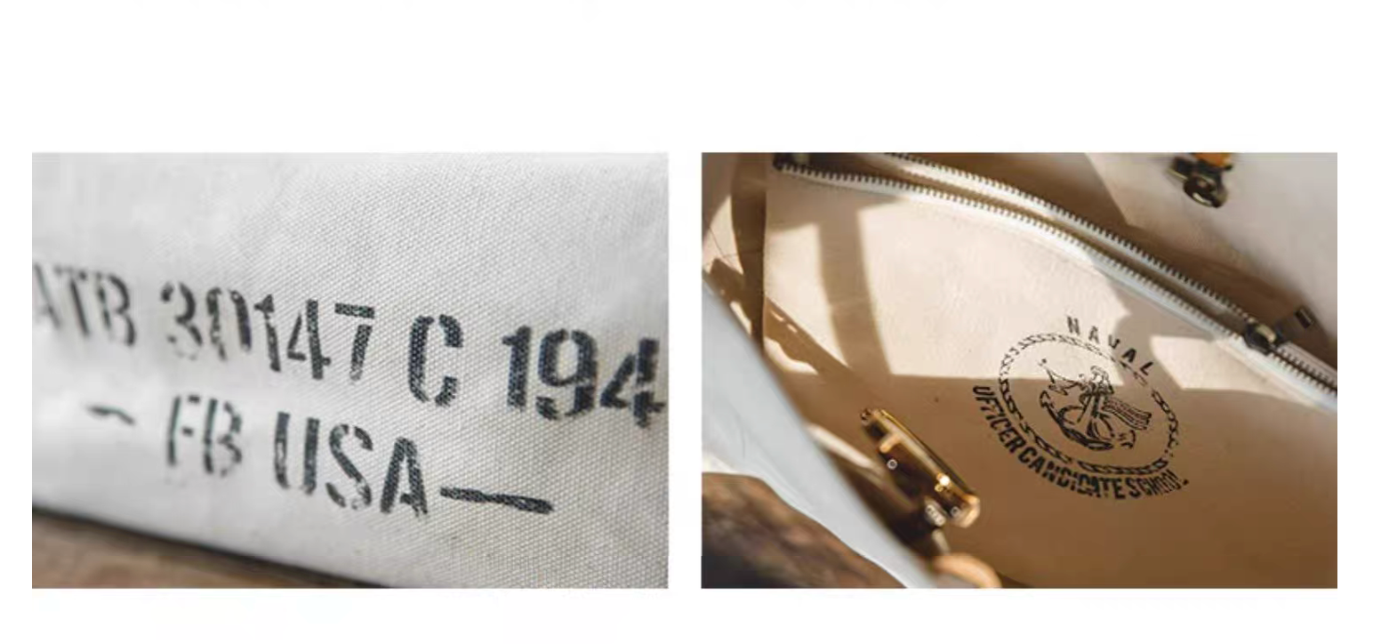 Close-up of vintage “Naval Officer Candidate School” logo print and stencil lettering