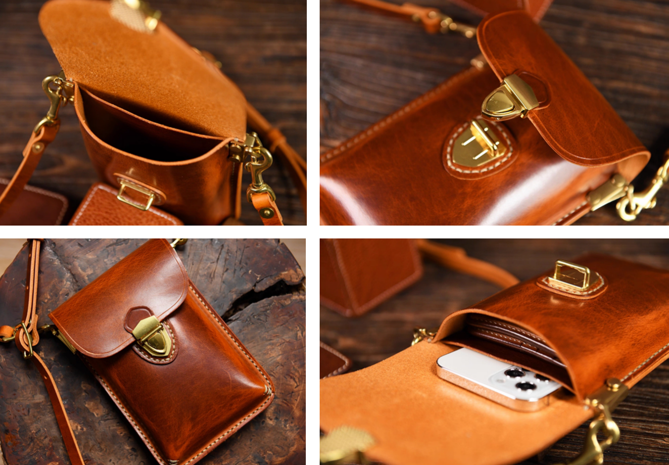 Open leather crossbody pouch showing unlined leather interior sized for phone and wallet.