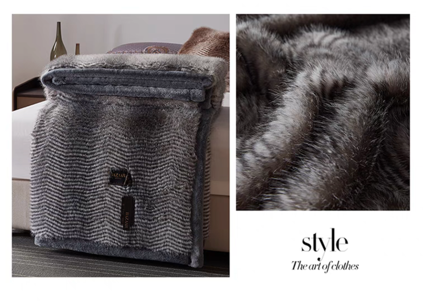 Patterned Gray faux fur luxe throw collage showing folded blanket and close-up of striped plush texture