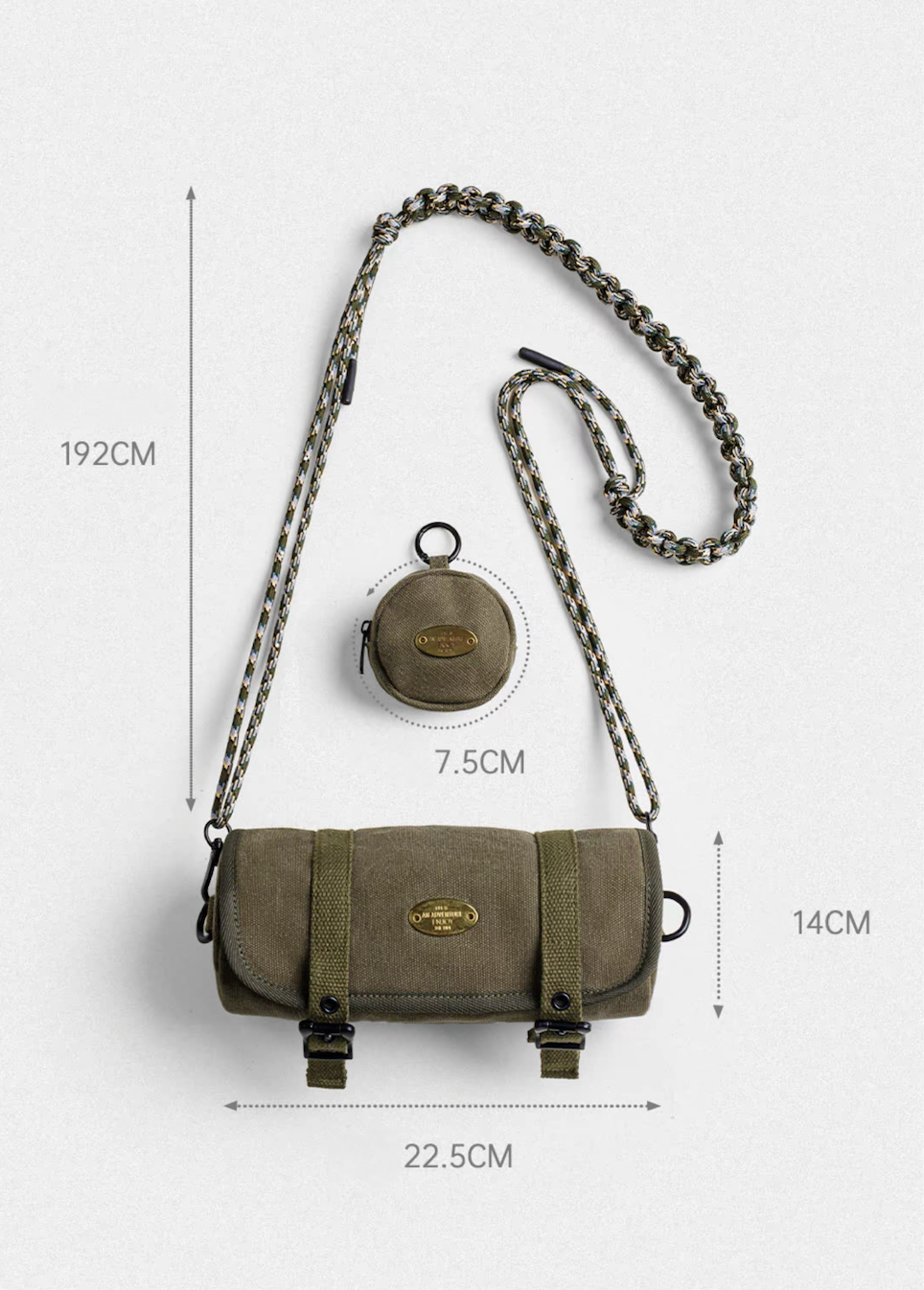 Product dimension chart showing bag size, strap length, and coin pouch diameter