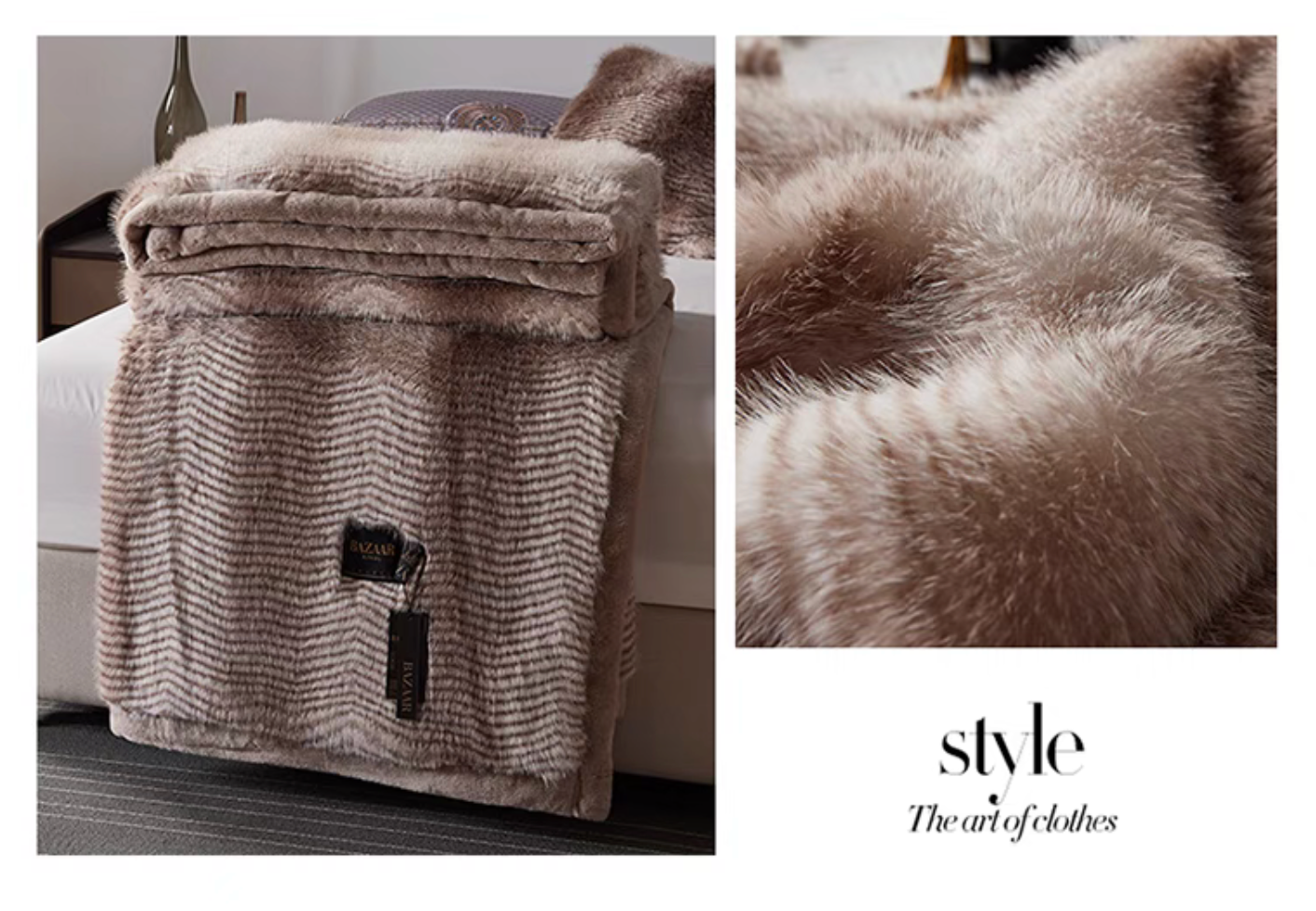Patterned Coffee faux fur luxe throw collage with folded view and close-up of rich plush striped fibers