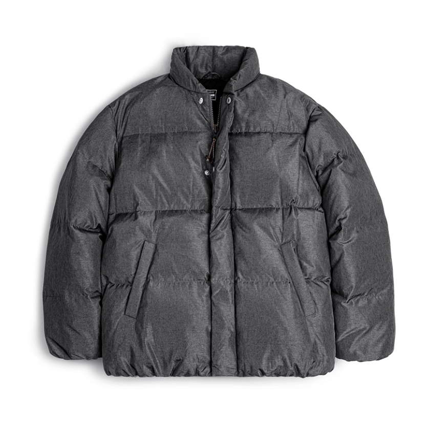 Dual-Tone Down Jacket in grey shown flat with stand collar and matte texture finish