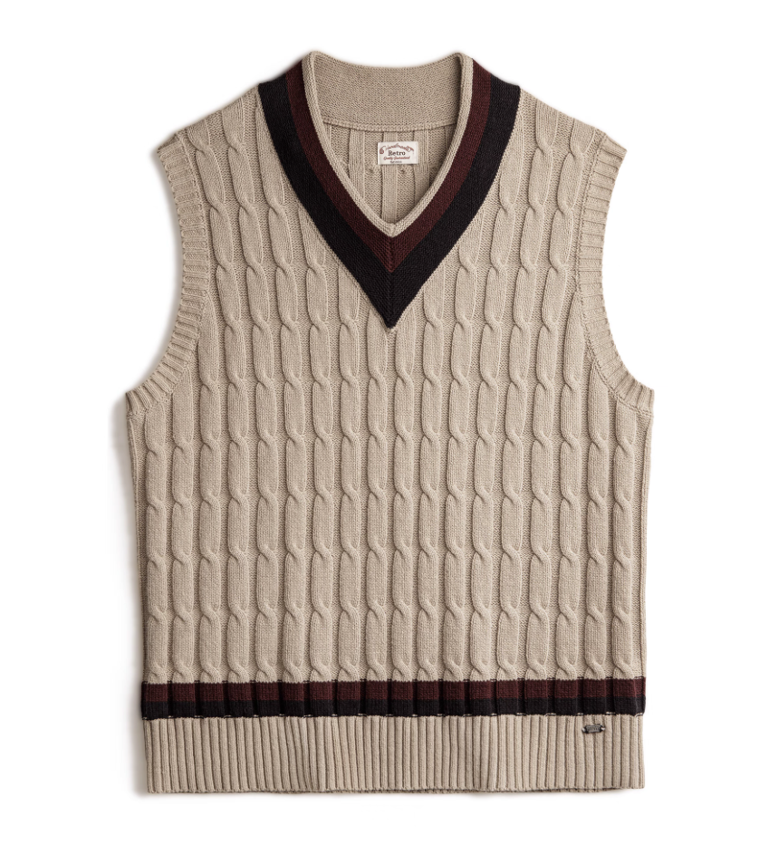 Khaki Ivy-style cable knit V-neck sweater vest flat lay front view