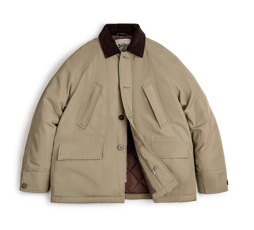 Khaki men’s safari workwear jacket flat lay showing corduroy collar and button details