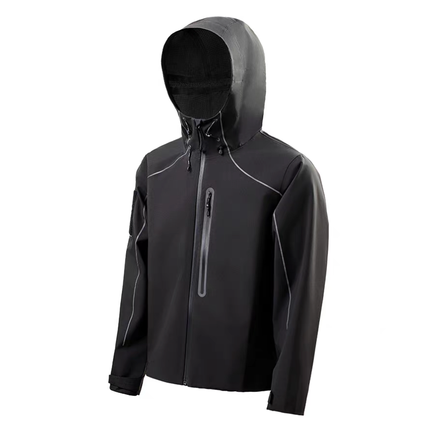 Front view of LIGHTSABER Reflective Waterproof Tech Jacket in black color