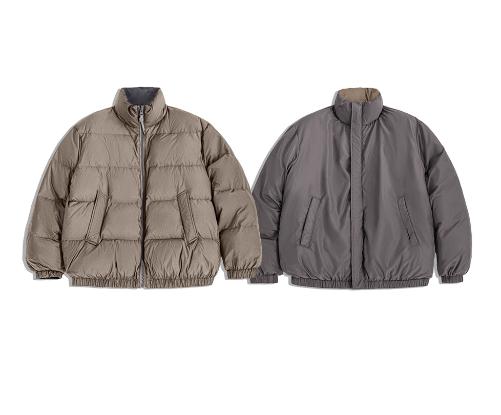Reversible Down Jacket in grey and beige shown flat, front view of both sides