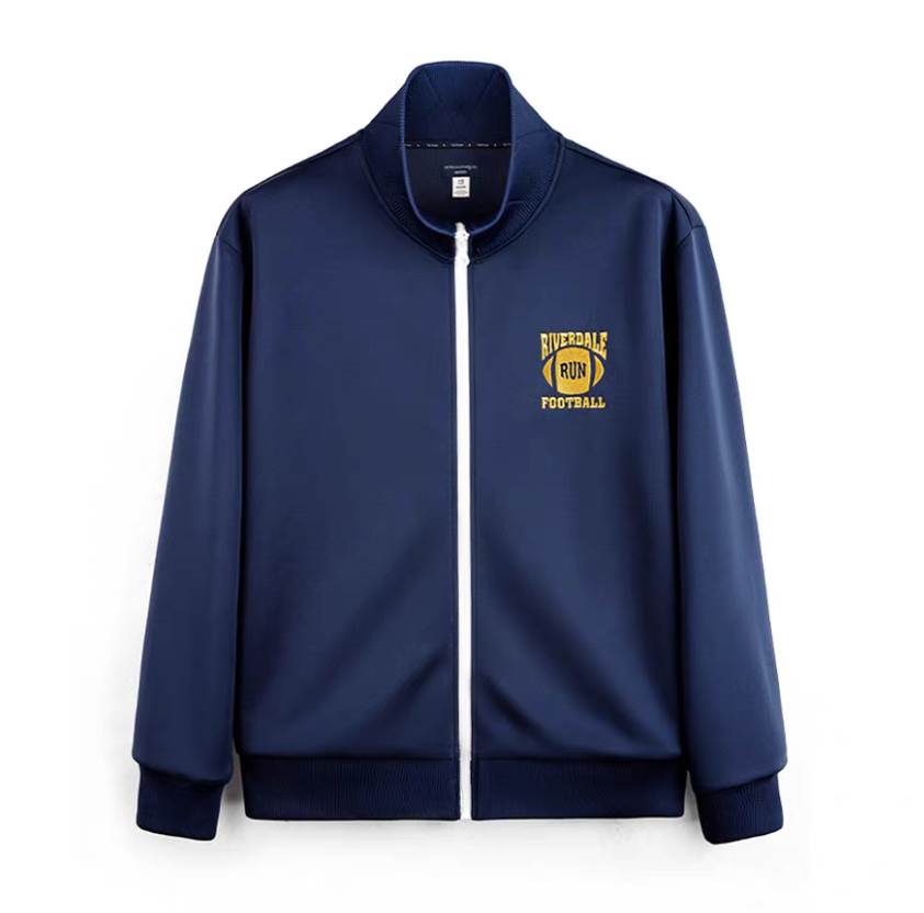 Riverdale Run navy varsity track jacket front view with white zipper