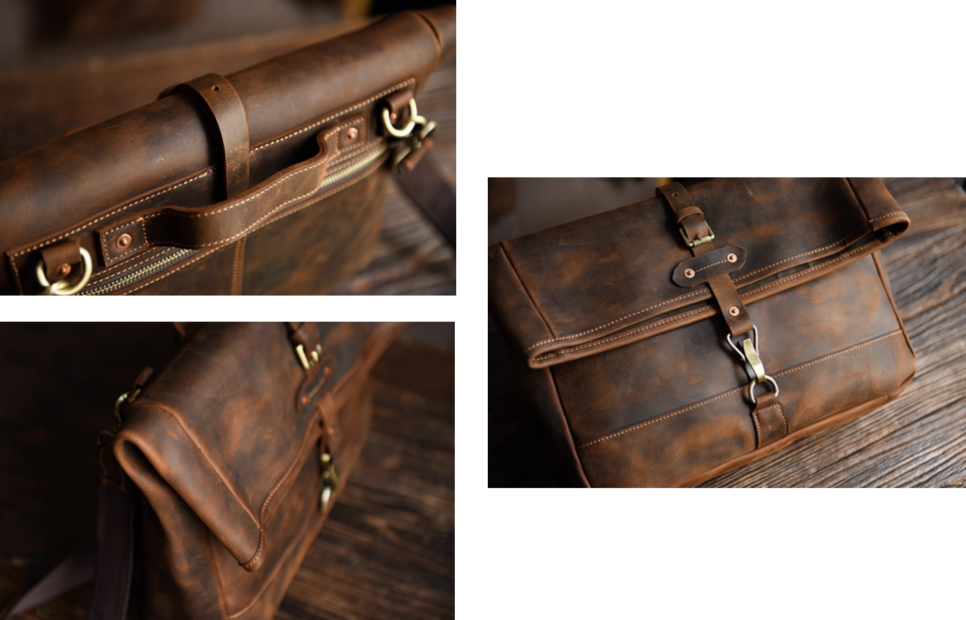 Close-up collage showing texture and craftsmanship of the light brown leather messenger