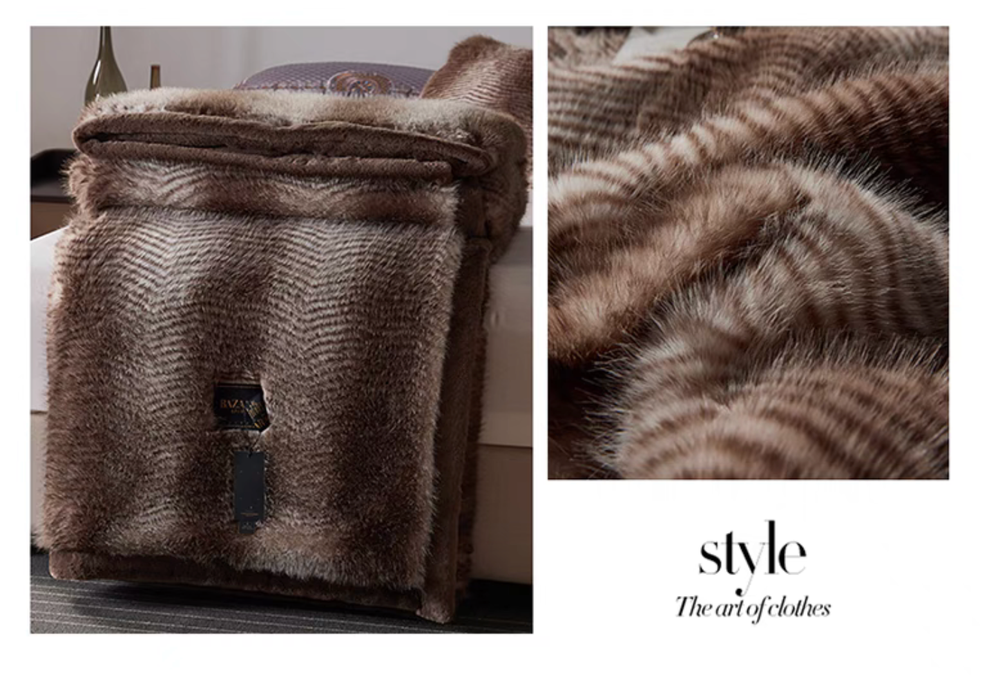 Patterned Brown faux fur luxe throw collage showing folded blanket and close-up of dense striped faux fur texture