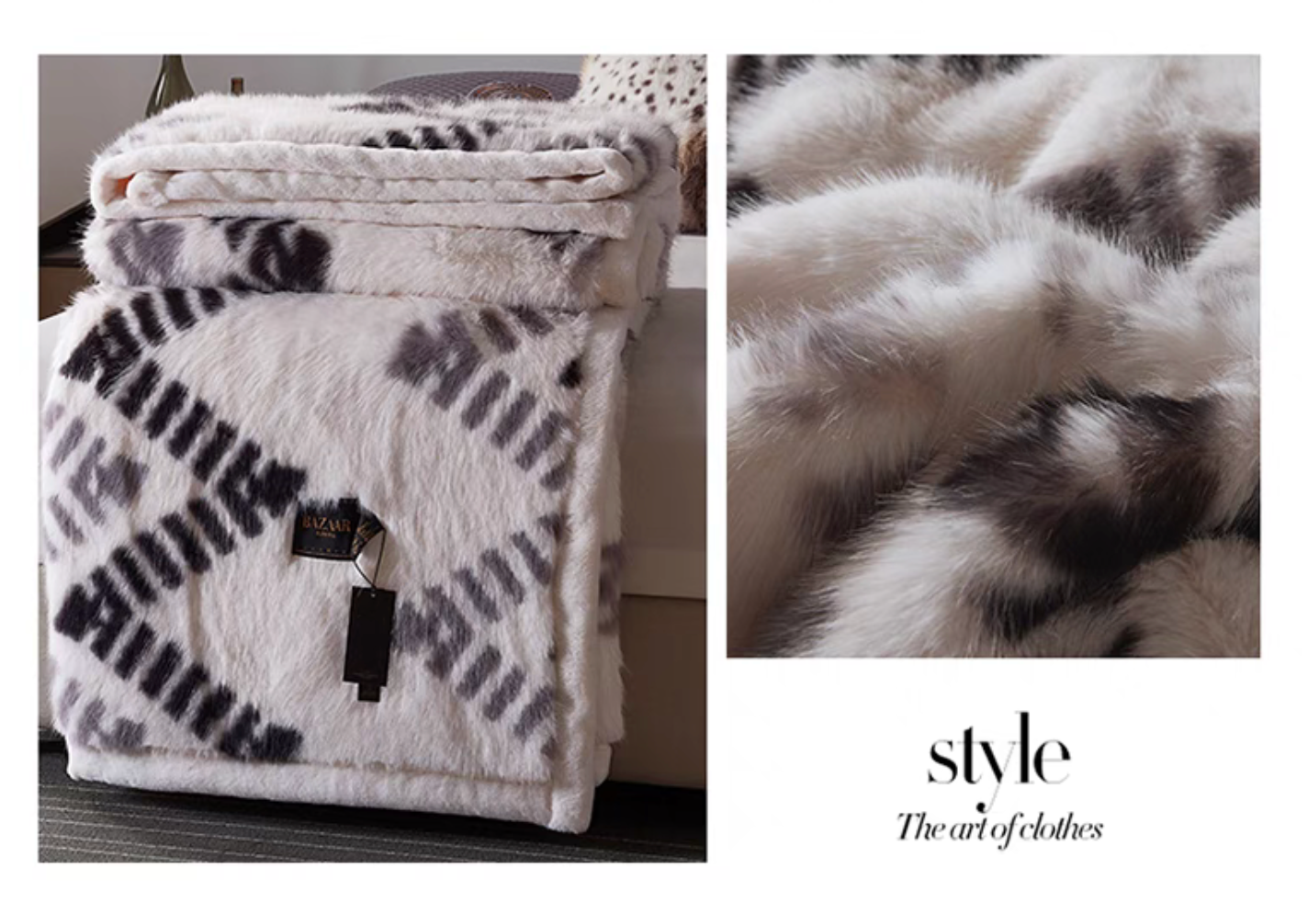 Pearl White faux fur luxe throw collage showing folded blanket and close-up of plush soft fibers
