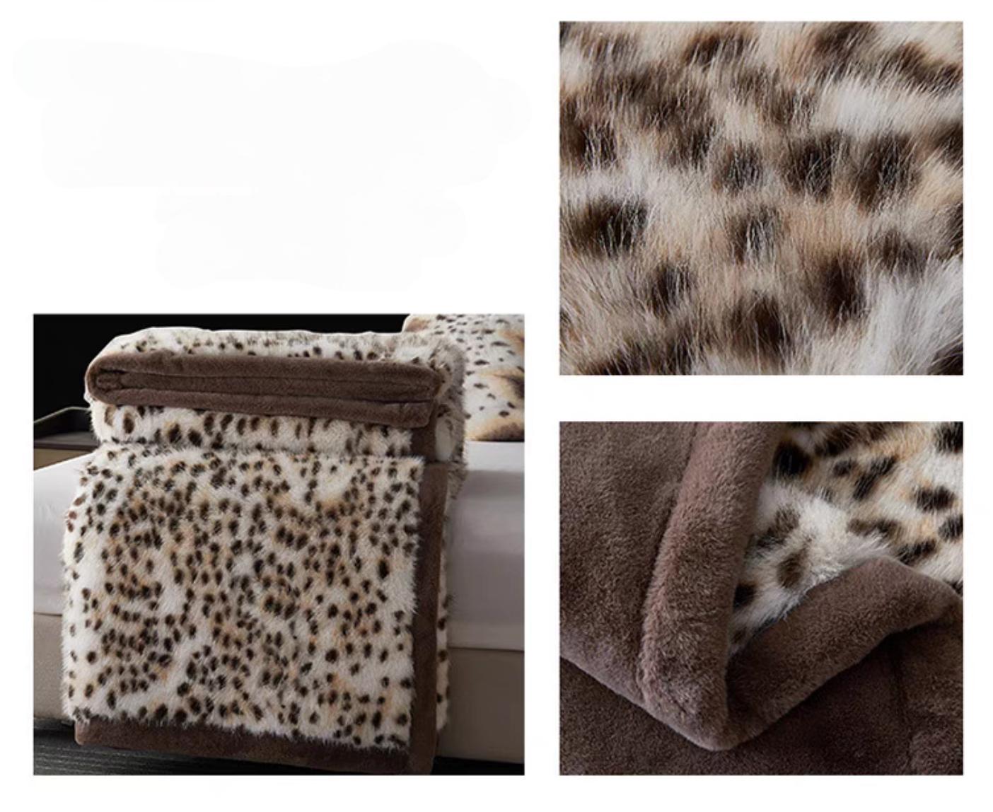Snow Leopard White faux fur luxe throw collage with folded blanket and close-up of spotted plush texture
