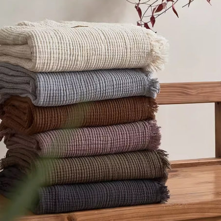 Cozy Waffle Textured Fringe Throw Blanket – Organic Cotton Gauze