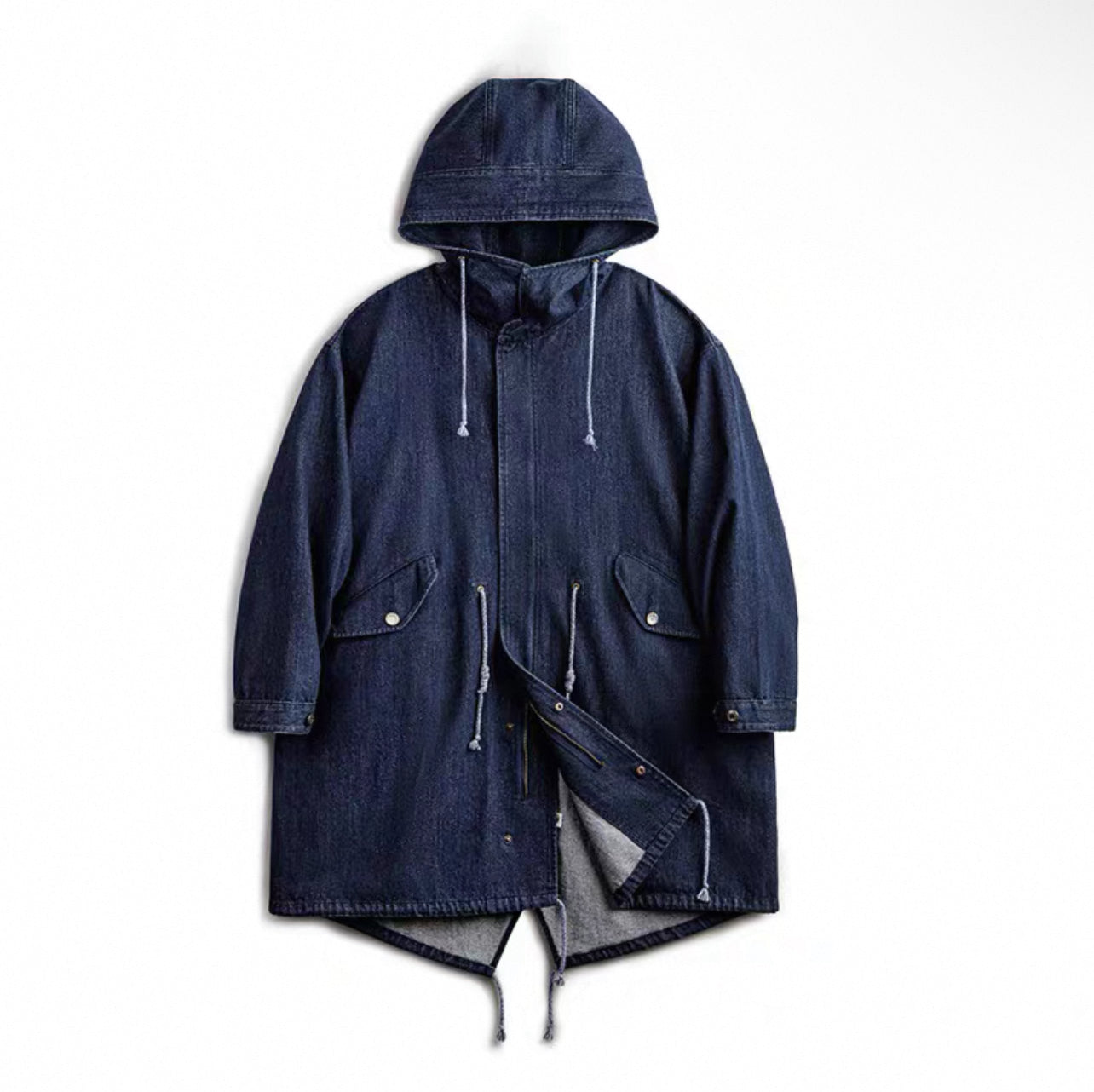 M-51 Denim Fishtail Parka flat lay showing hood and fishtail hem