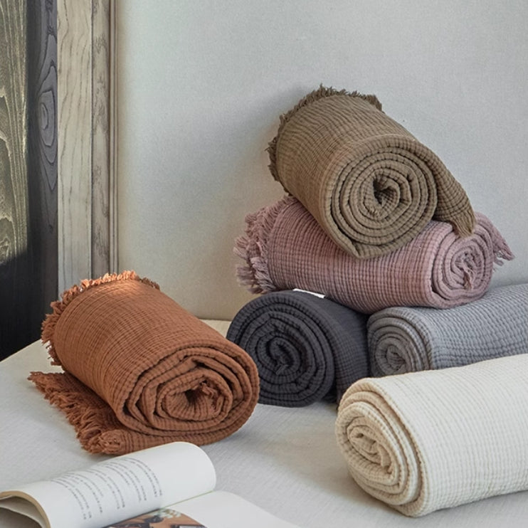 Cozy Waffle Textured Fringe Throw Blanket – Organic Cotton Gauze