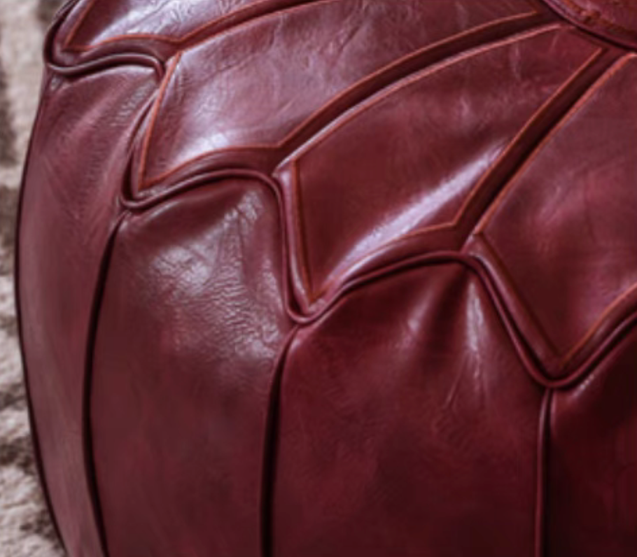 Round Moroccan Embroidered Leather Pouf Cushion