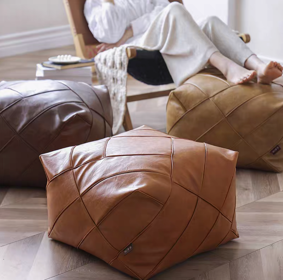 Handwoven Leather Cube Pouf Cushion