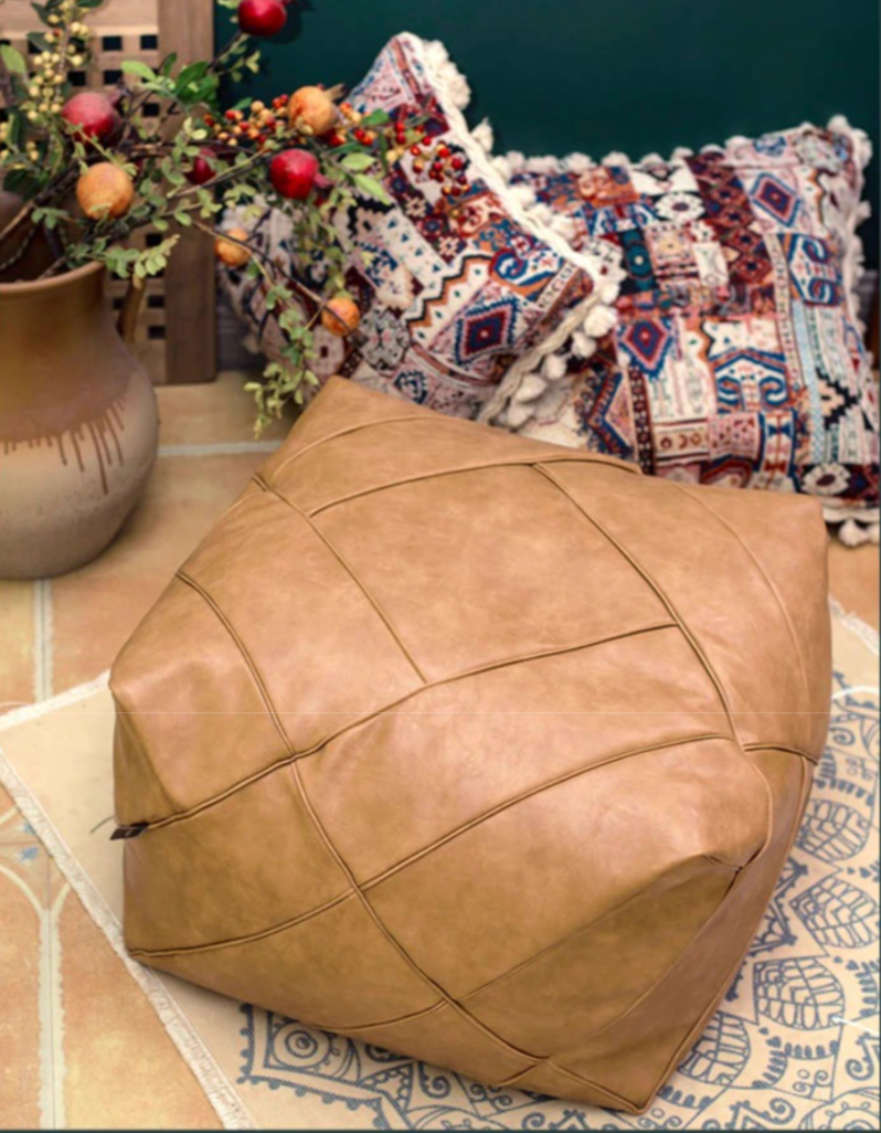 Handwoven Leather Cube Pouf Cushion