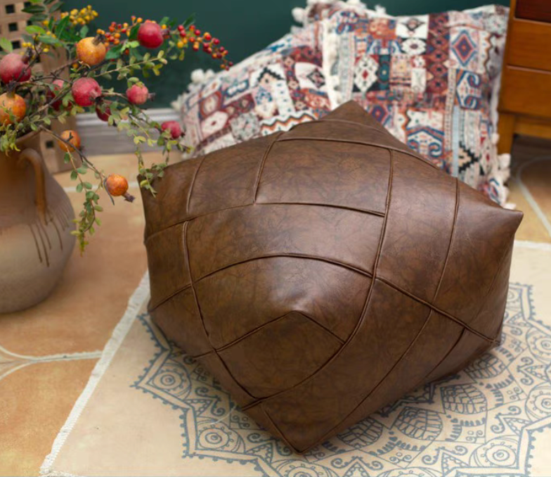 Handwoven Leather Cube Pouf Cushion