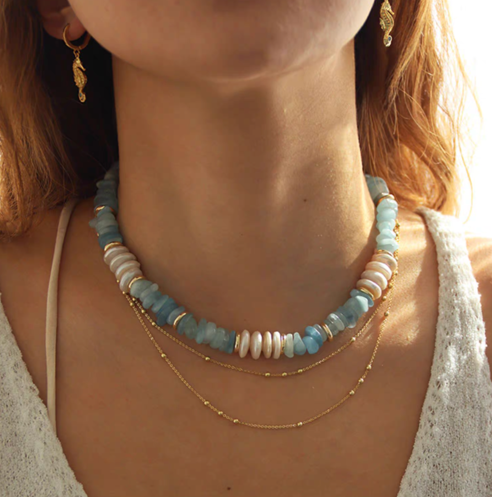 Coastal Aquamarine & Pearl Choker