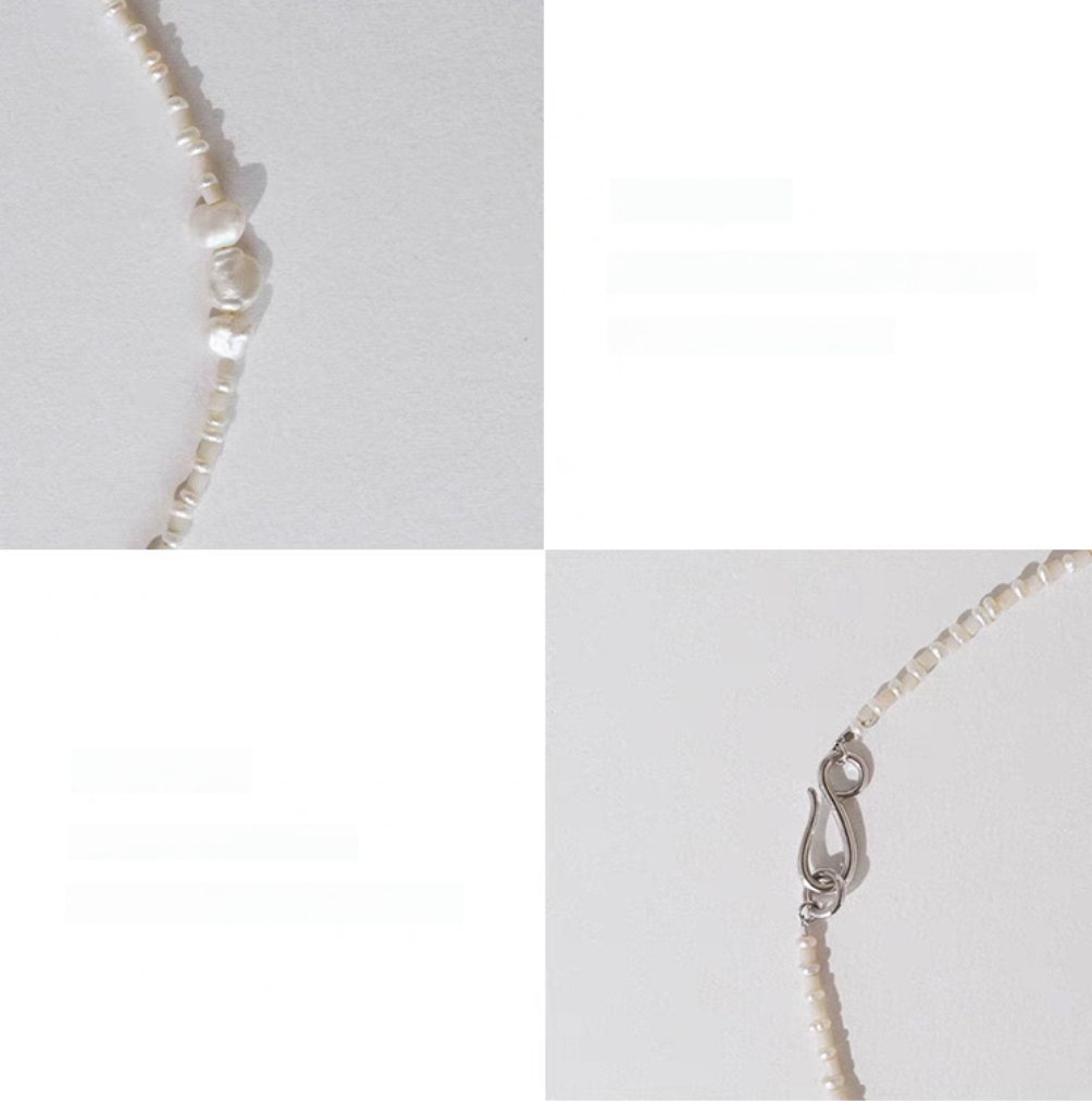 Detail view of baroque pearl and stone necklace showing natural freshwater pearls, stone beads, and silver clasp closure