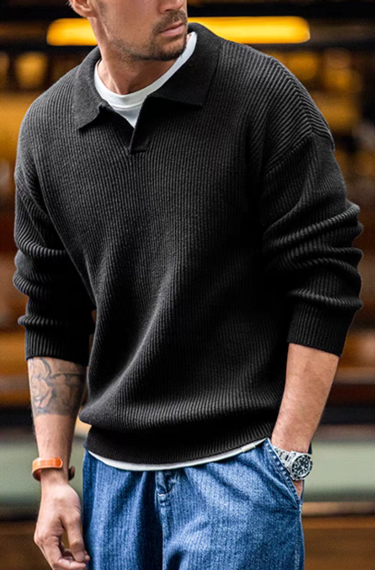 Classic Ribbed Knit Polo Sweater