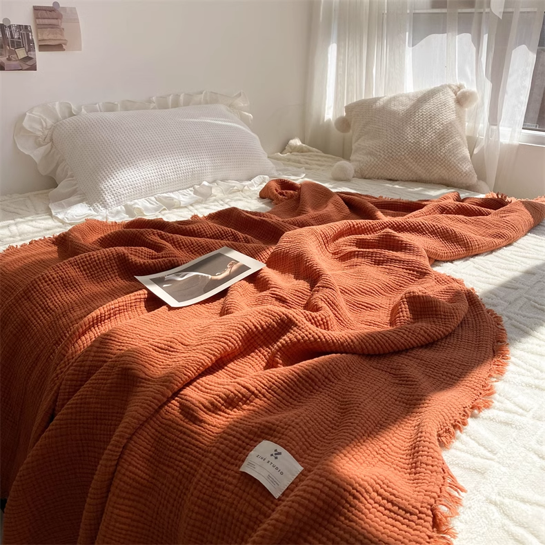 Cozy Waffle Textured Fringe Throw Blanket – Organic Cotton Gauze