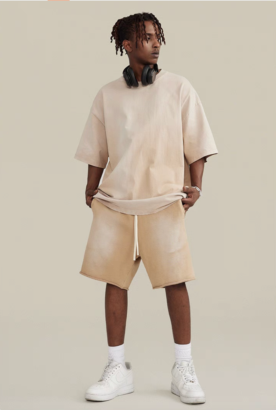 Casual gradient oversized t-shirt and shorts set in khaki worn by model front view