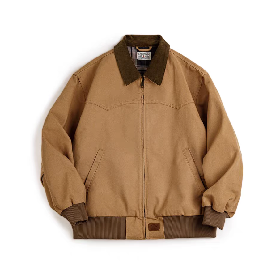 Khaki Santafe canvas bomber jacket front view with corduroy collar.