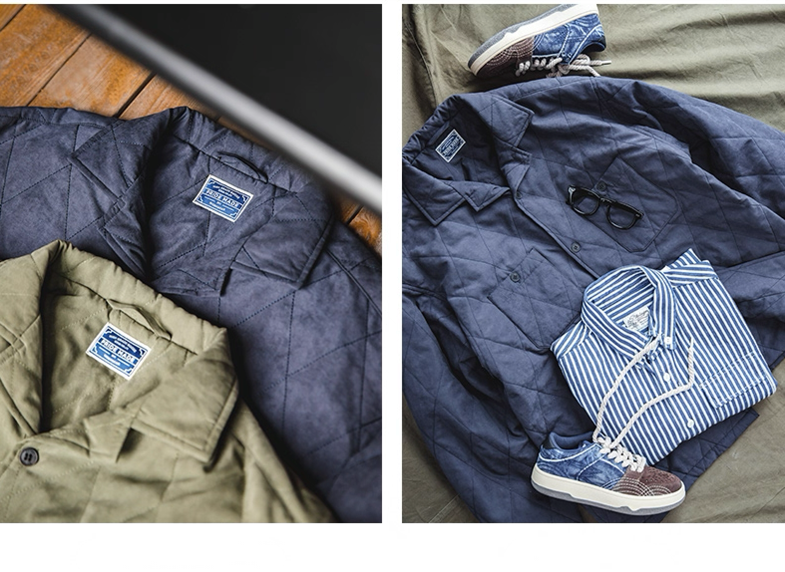 Flat lay of army green and navy blue quilted jackets