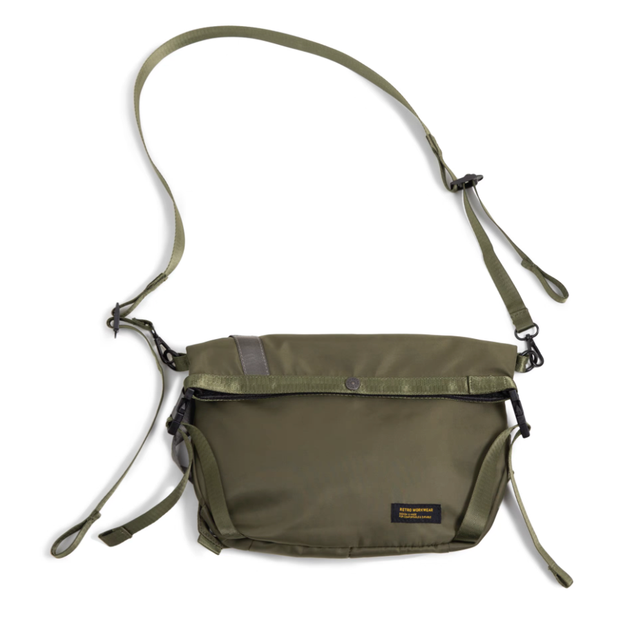 Yama Style Water-Resistant Crossbody Bag in olive green flat lay