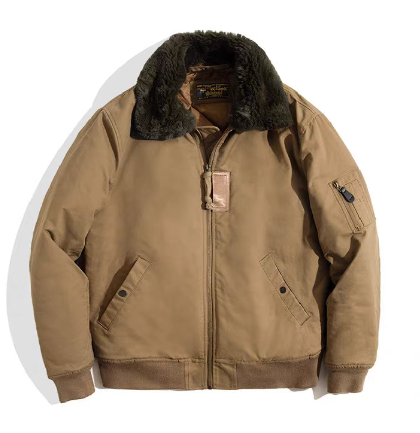 Khaki B-15 bomber jacket front view with brown faux fur collar