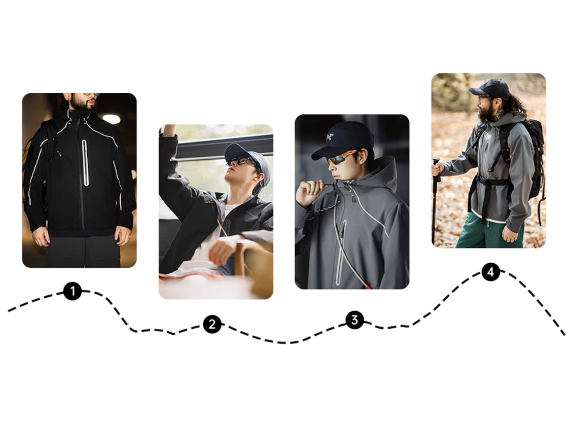 Lifestyle collage showing both black and grey LIGHTSABER jackets in daily use