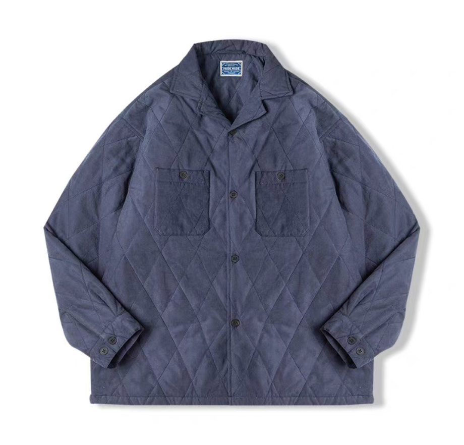Navy blue men’s quilted peach-skin jacket front view