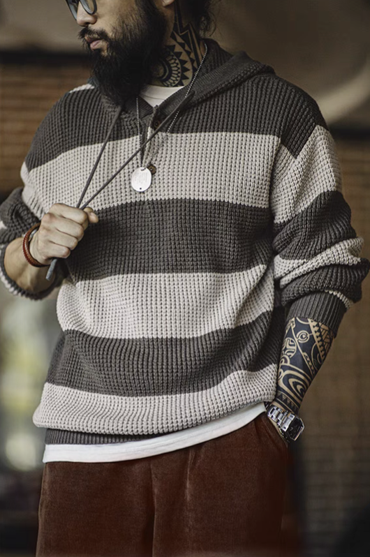 Casual Striped Waffle-Knit Pullover Hoodie