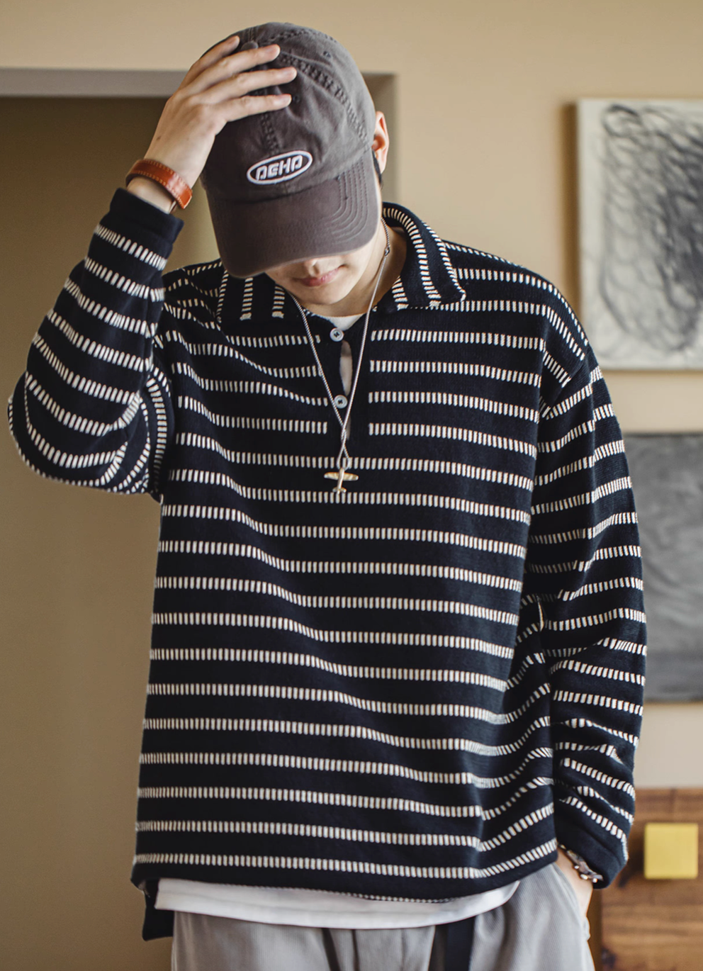 Arrow Feather Knit Polo Sweater