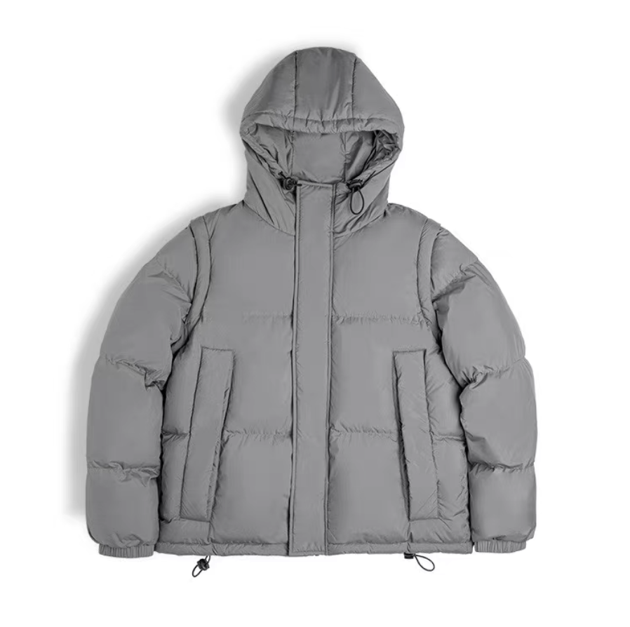 Versatile Parka in grey flat display with detachable sleeves visible