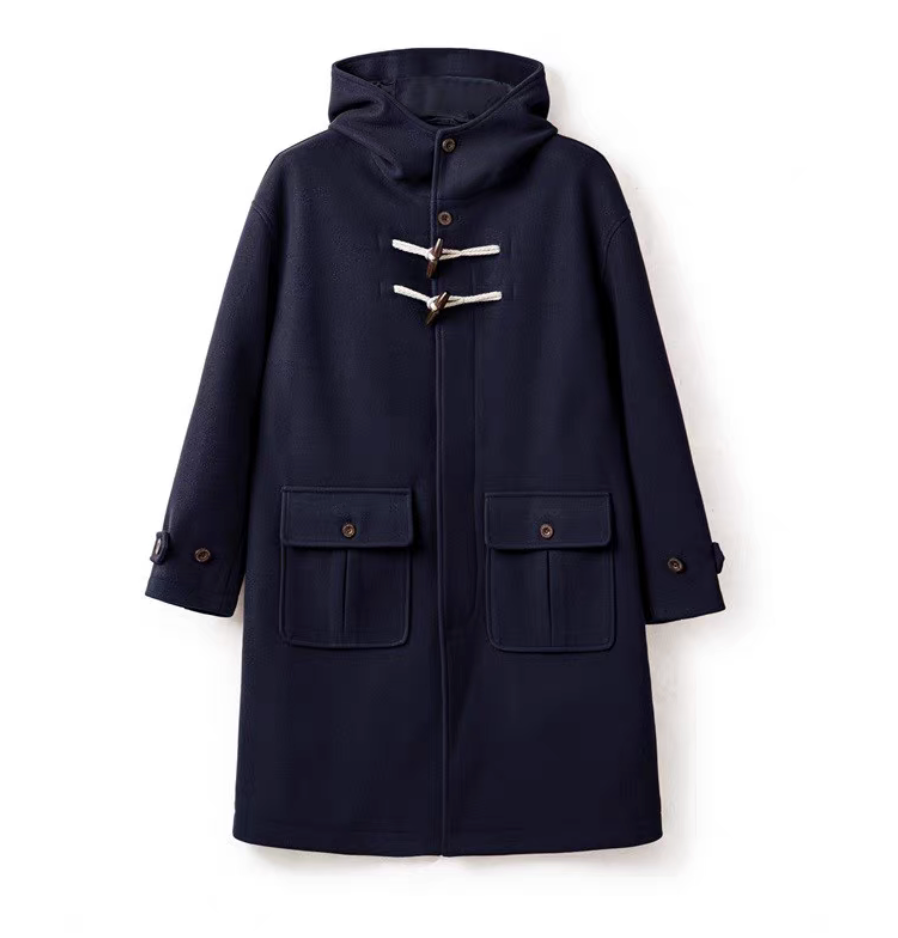 Navy blue men’s hooded toggle duffle coat front view
