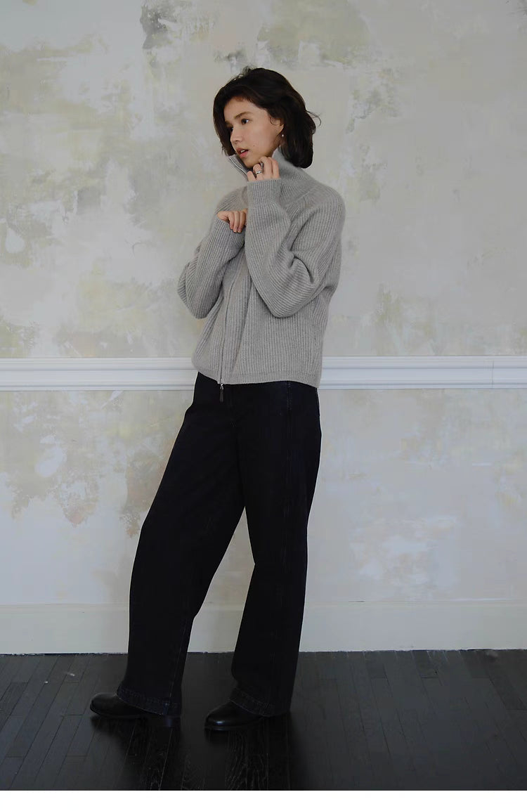 Cozy High-Neck Ribbed Zip-Up Sweater