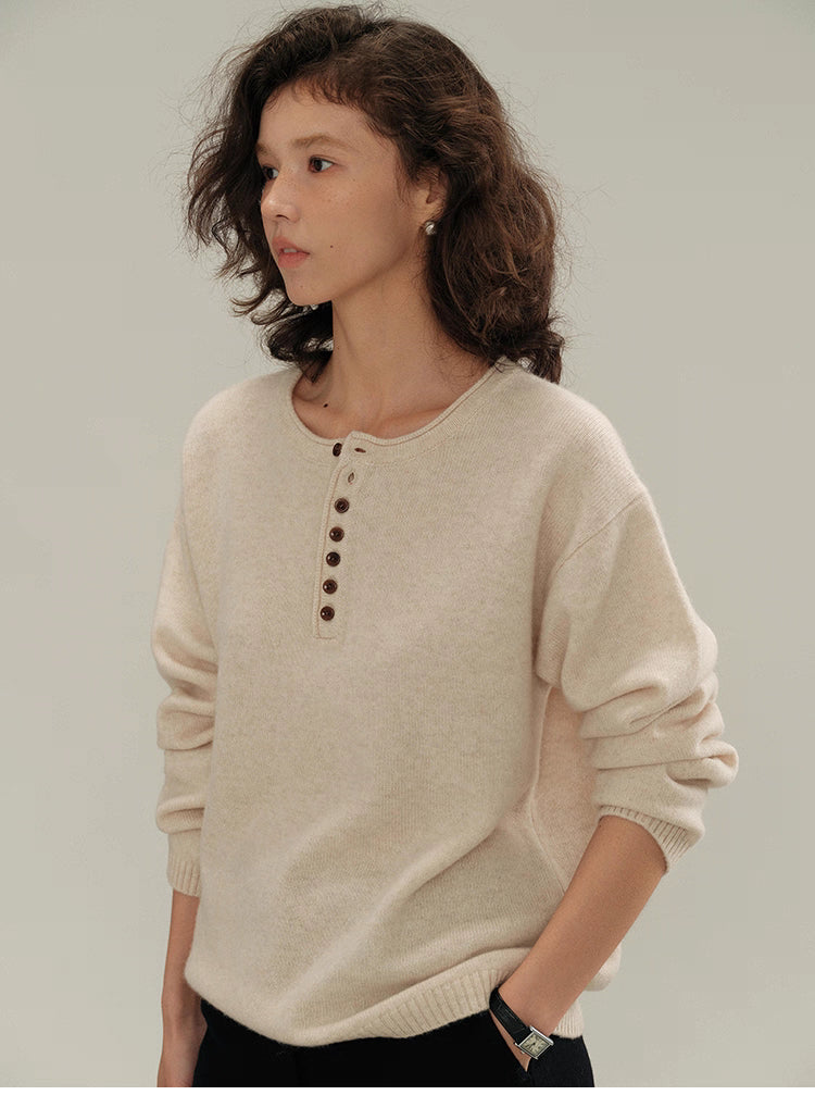 Buttoned Henley Knit Pullover Sweater