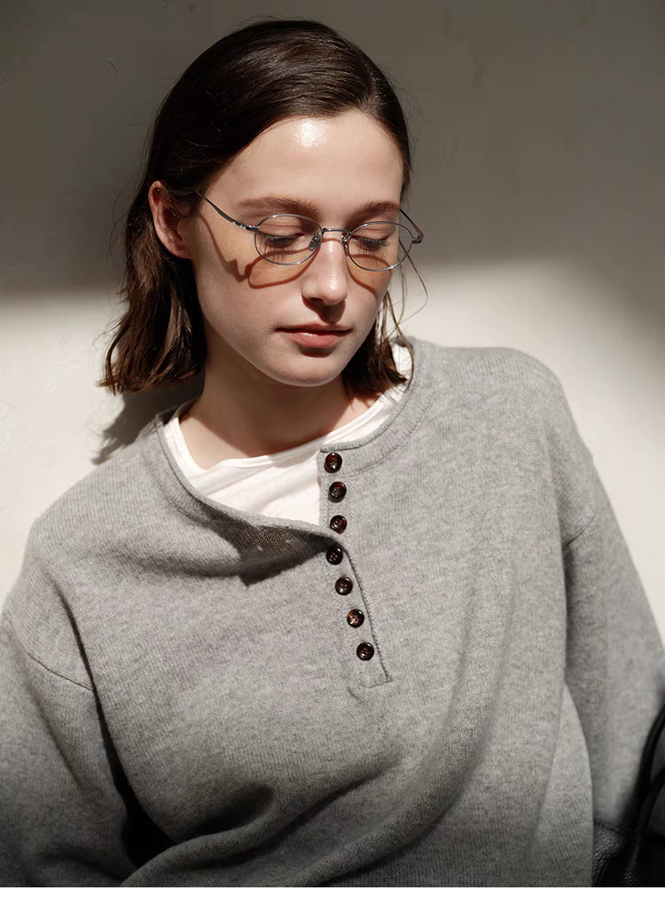 Buttoned Henley Knit Pullover Sweater