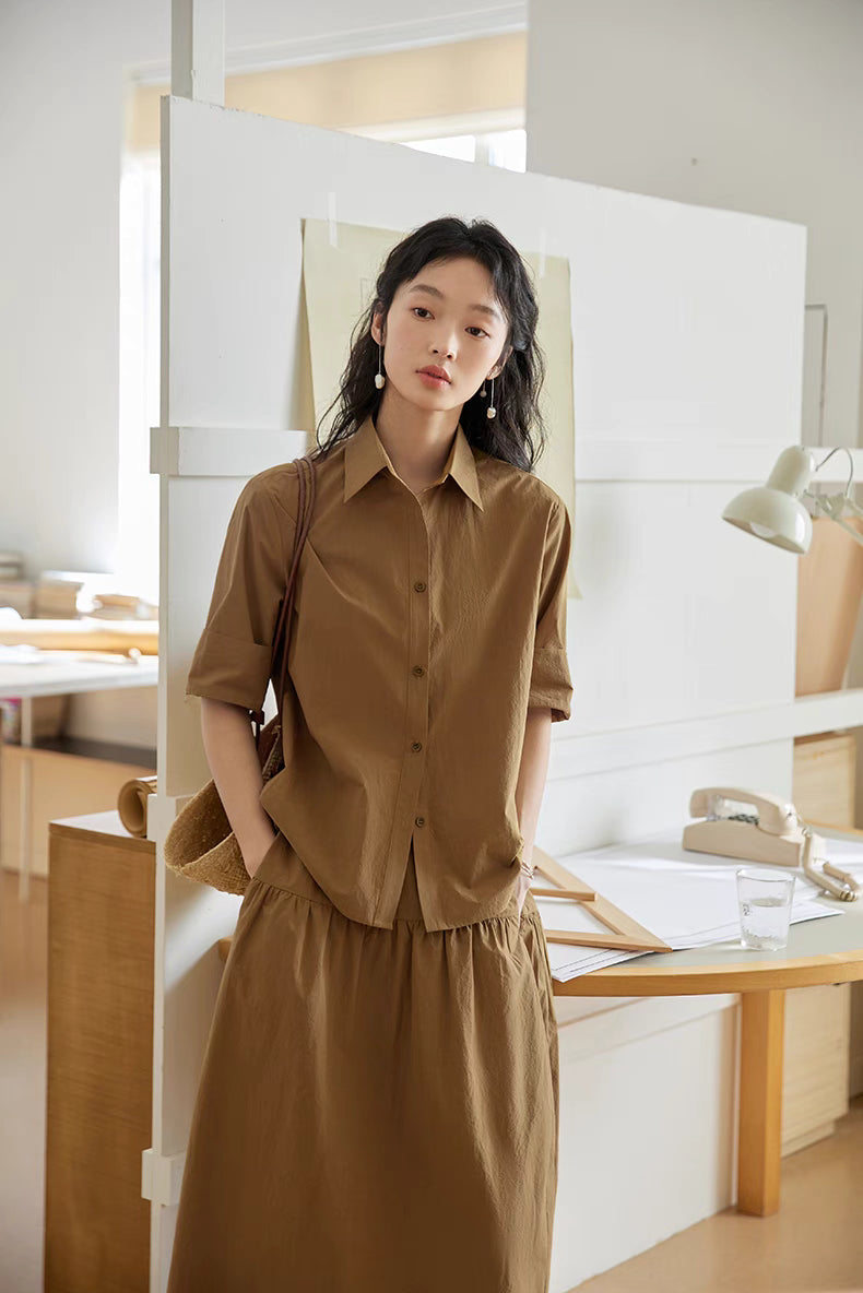 Relaxed Cotton Blouse & Midi Skirt Set