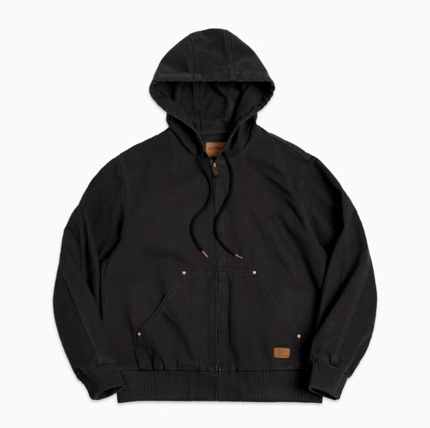 Adventure Ready Hooded Jacket in Black front view showing drawstring hood, front zip closure and front pocket design