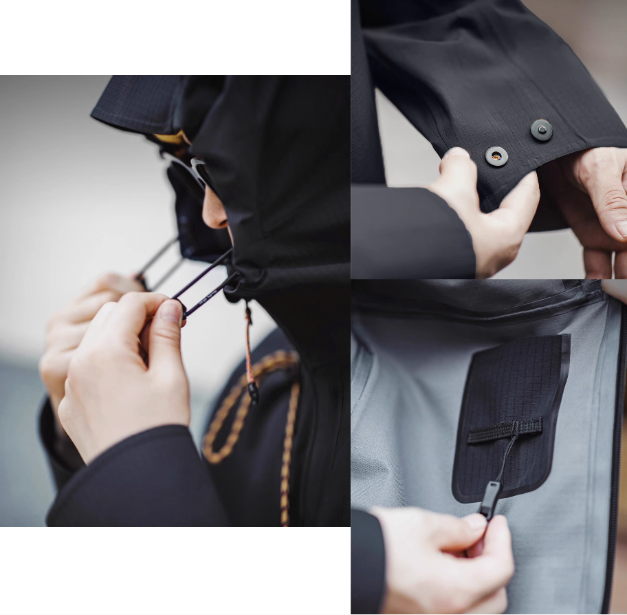 Close-up details of black ripstop shell coat showing adjustable hood drawstring magnetic cuff buttons and interior pocket design