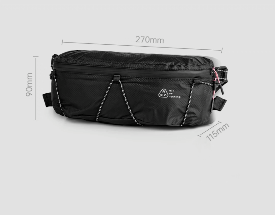 Size chart showing 27 × 9 × 11.5 cm (10.6 × 3.5 × 4.5 inches) black sling bag