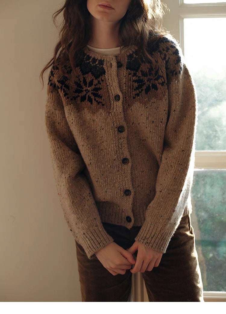 Khaki aran cardigan front detail showing buttons ribbed hem and textured knit structure